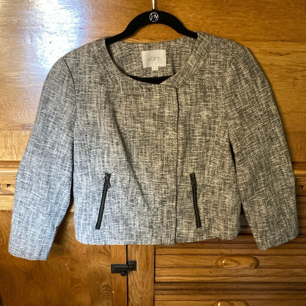 Ann Taylor LOFT Womens Black White Tweed Moto Jacket Size 6‎ Zip Front Cropped